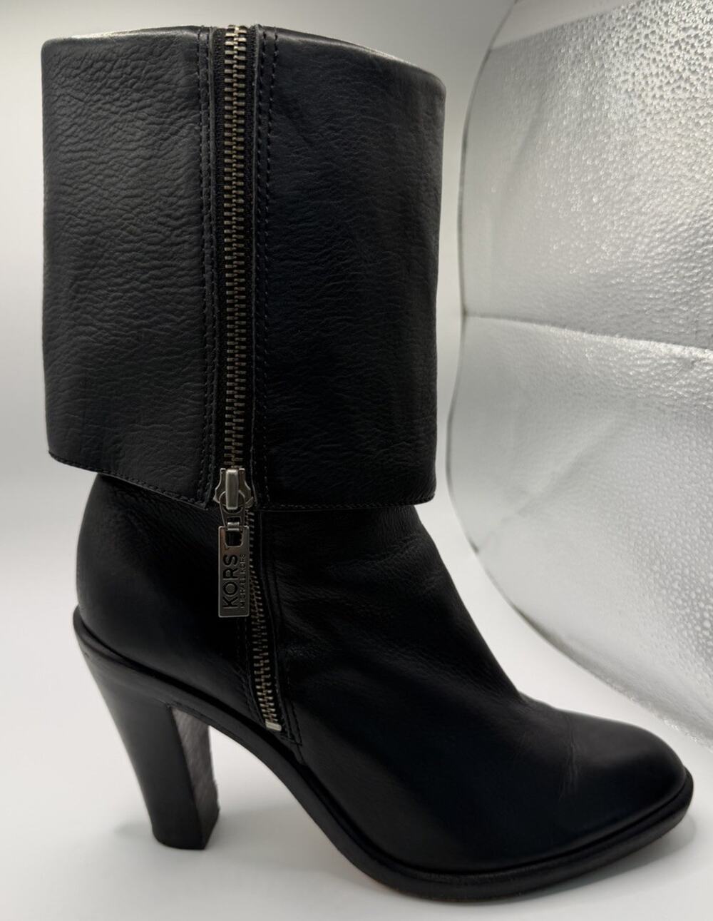 Michael Kors Womens Black Leather Mid-Calf Bootie Boots Side Zip Vantage 9.5